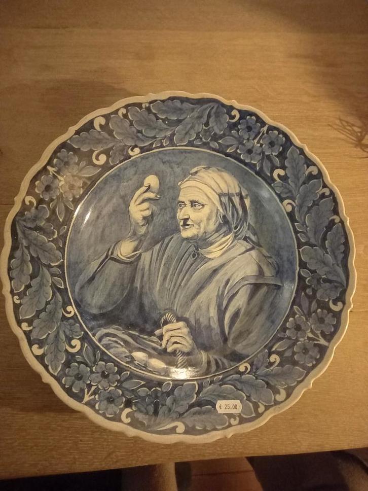 Aardappel eetster Delfts Groot Blauw Bord met Portret, Antiek en Kunst, Antiek | Wandborden en Tegels, Ophalen of Verzenden