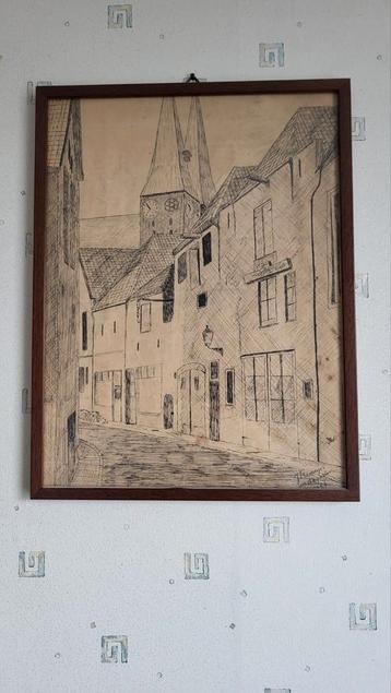 Tekening Straatje Deventer - Gesigneerd beschikbaar voor biedingen