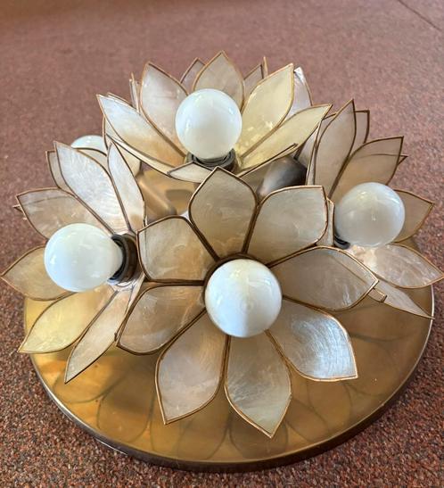 Italiaans 1970s Capiz parelmoer plafondlamp, Huis en Inrichting, Lampen | Plafondlampen, Zo goed als nieuw, Metaal, Overige materialen