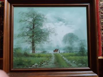 Oud schilderij, landschap met paarden. 65x75 cm. Mooie lijst beschikbaar voor biedingen