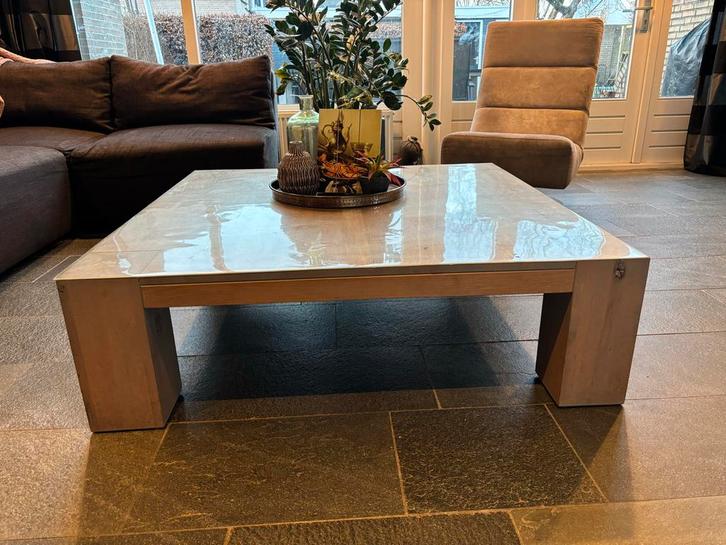 Eikenhouten Salontafel - lichtgrijs geolied *Nieuwsraat*, Huis en Inrichting, Tafels | Salontafels, Zo goed als nieuw, Minder dan 50 cm