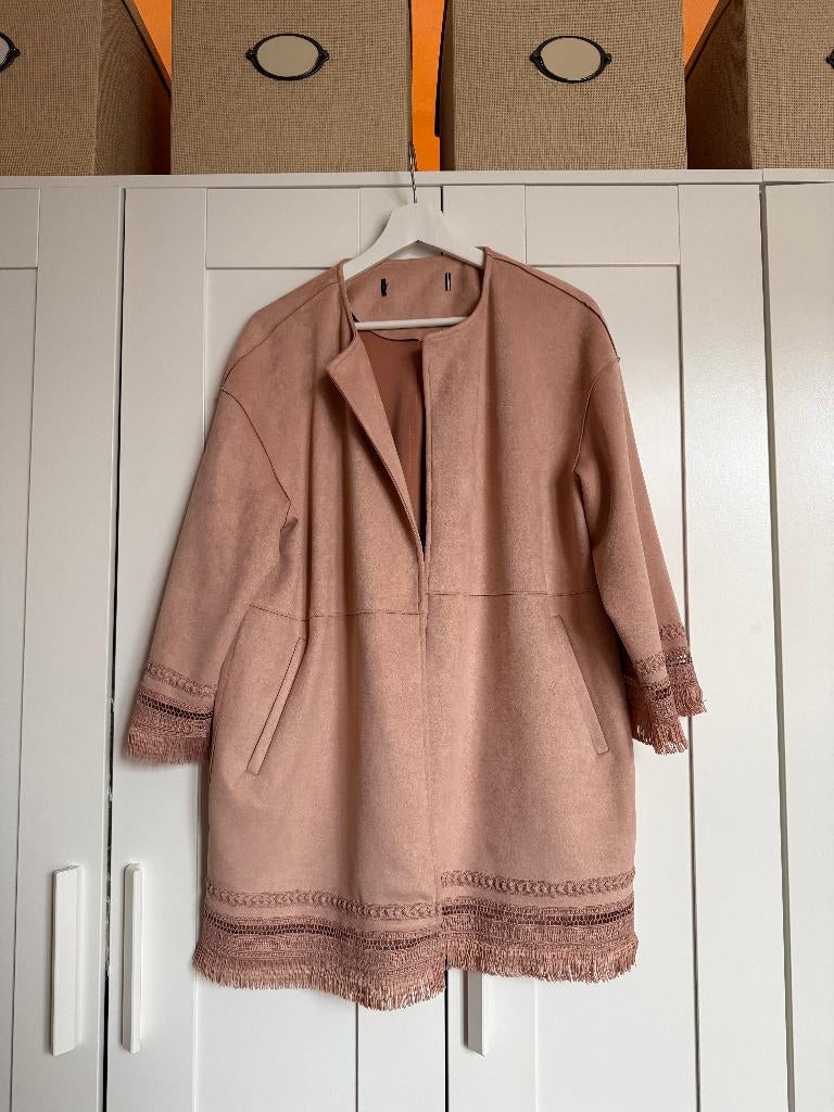 Zara oudroze manteljas met franjes – maat M, Kleding | Dames, Jassen | Winter, Zo goed als nieuw, Maat 38/40 (M), Roze, Ophalen of Verzenden