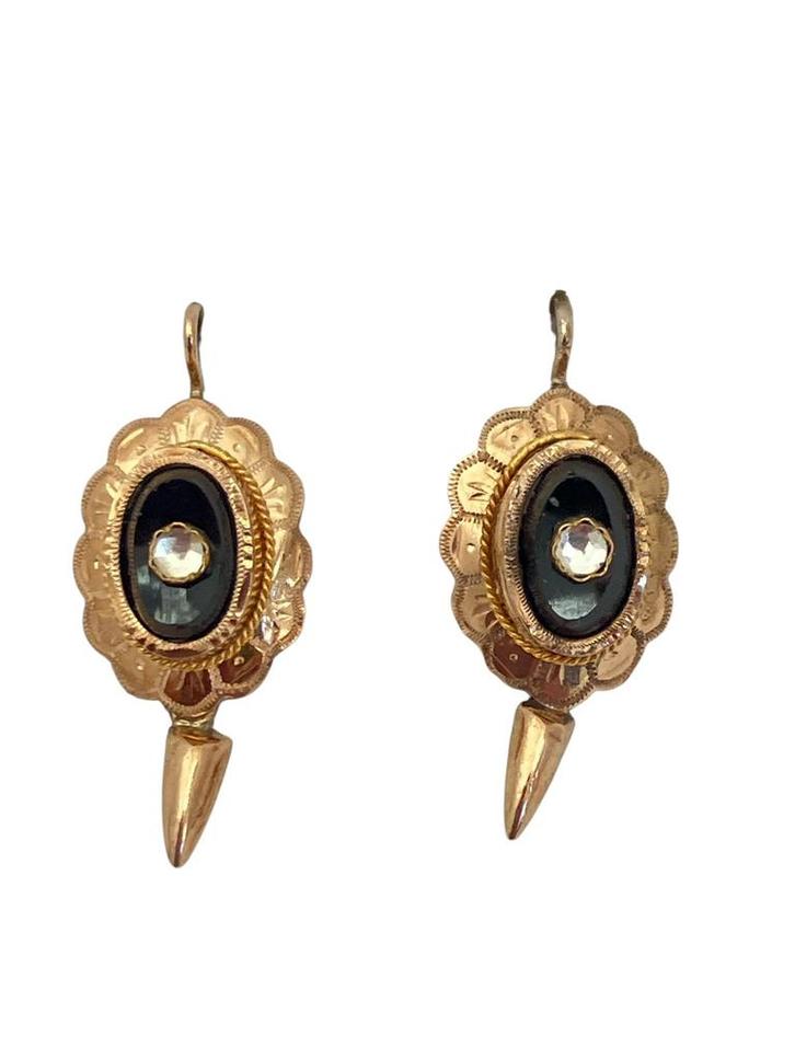 Antieke gouden oorhangers met zwarte steen en pampel, Sieraden, Tassen en Uiterlijk, Antieke sieraden, Oorbellen, Goud, Met edelsteen