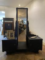 Antiek toiletmeubel, brocante kaptafel, oude passpiegel VdlM, Ophalen, 100 tot 150 cm, Vintage spiegel met kastjes voor walkin closet boudoir zwart