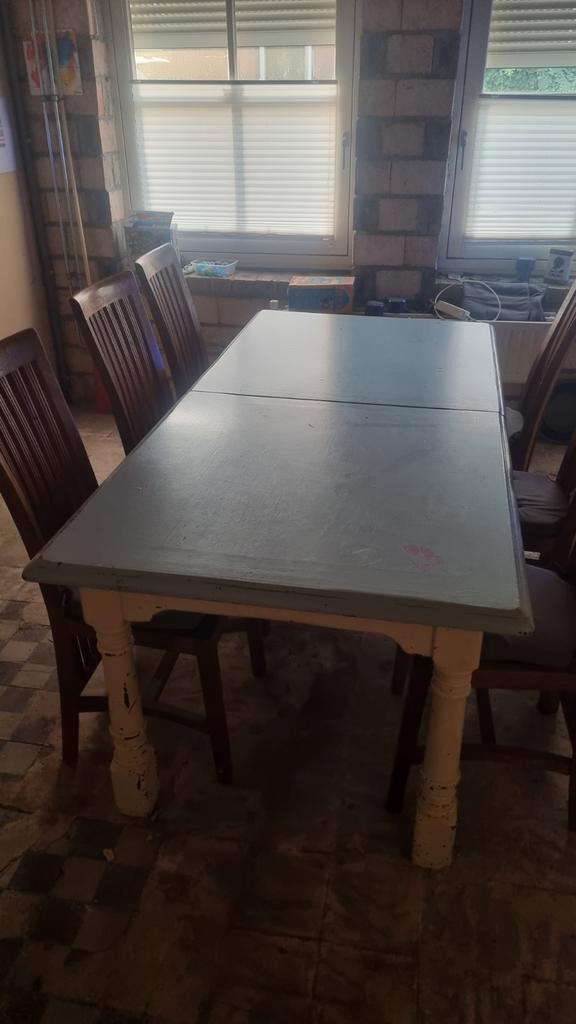 Eettafel met teak houten stoelen, Huis en Inrichting, Complete eetkamers, Gebruikt, 4 tot 6 stoelen, Ophalen