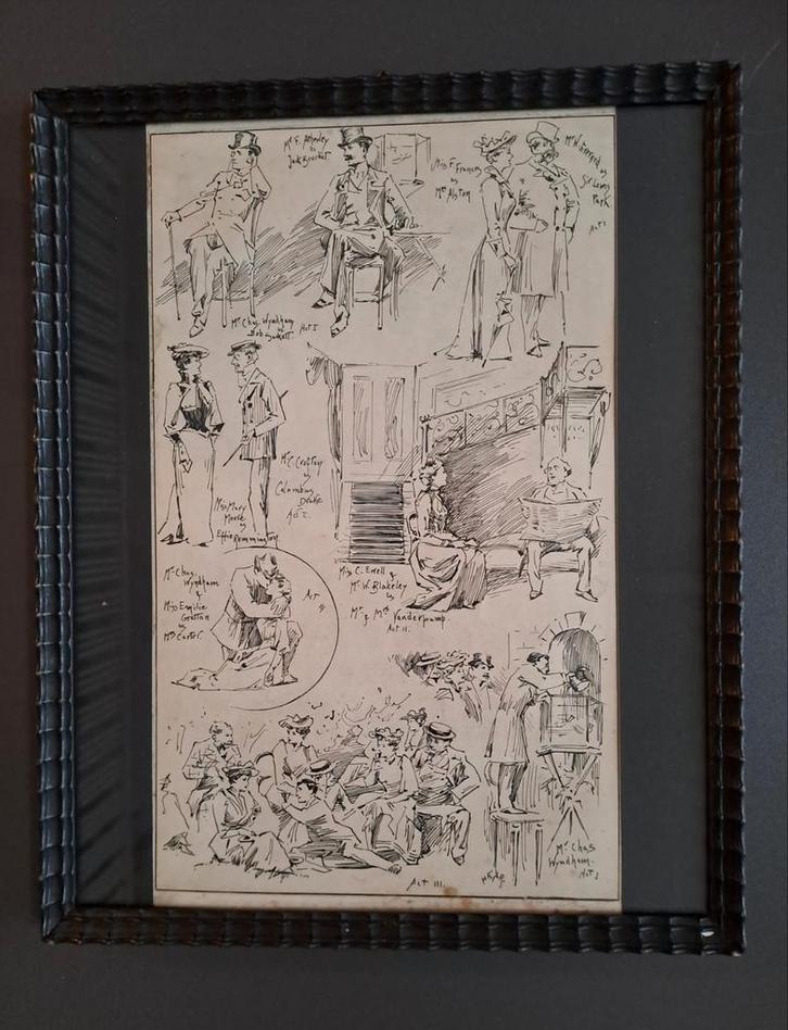 Pentekening toneelstuk , ca 1874 met Sir Charles Wyndham, Antiek en Kunst, Kunst | Etsen en Gravures, Ophalen of Verzenden