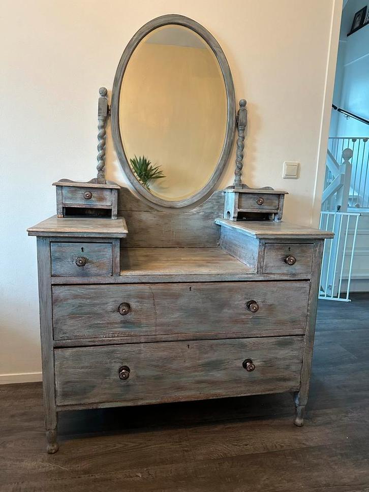 Antieke geschilderde kaptafel met spiegel, Huis en Inrichting, Tafels | Kaptafels, Gebruikt, 150 tot 200 cm, 100 tot 150 cm, Hout