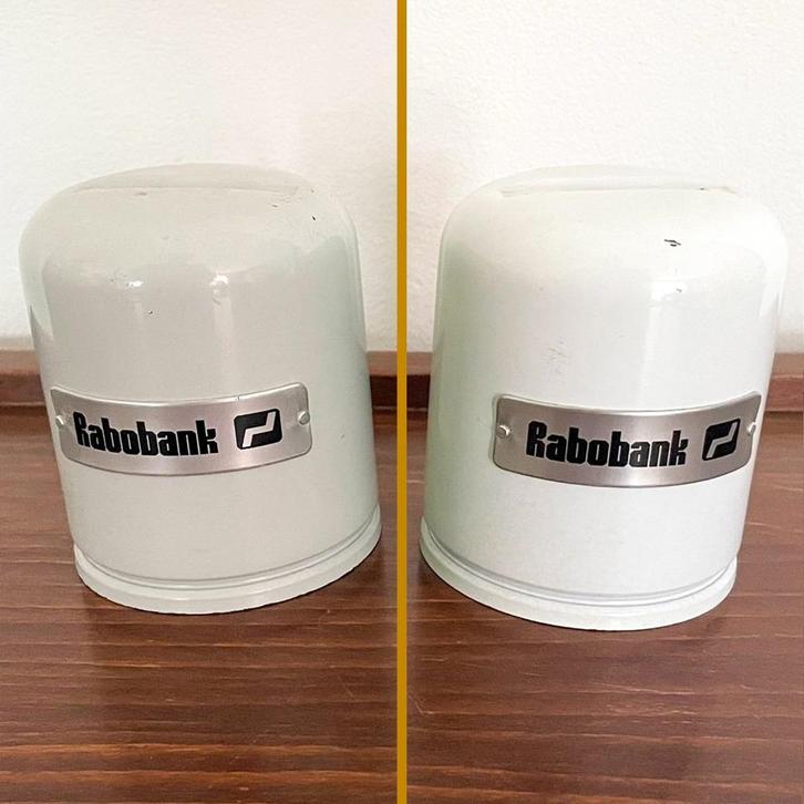Vintage, retro Rabobank spaarpotjes, spaarpot per stuk, Verzamelen, Spaarpotten, Gebruikt, Overige thema's, Metaal of Blik, Ophalen of Verzenden