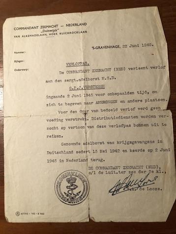 Amerongen. 22 Juni 1945 Verlofpas voor Sergt. adelborst  beschikbaar voor biedingen