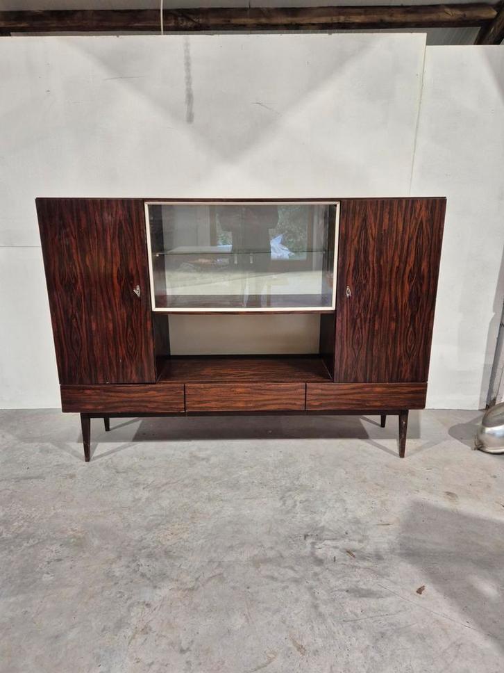 Vintage mid century pallisander fineer highboard, Huis en Inrichting, Kasten | Dressoirs, Gebruikt, Minder dan 50 cm, 25 tot 50 cm