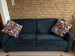 Donkerblauwe alcantara bank met 4 sierkussens, Huis en Inrichting, Ophalen, Gebruikt, Driepersoons, 75 tot 100 cm