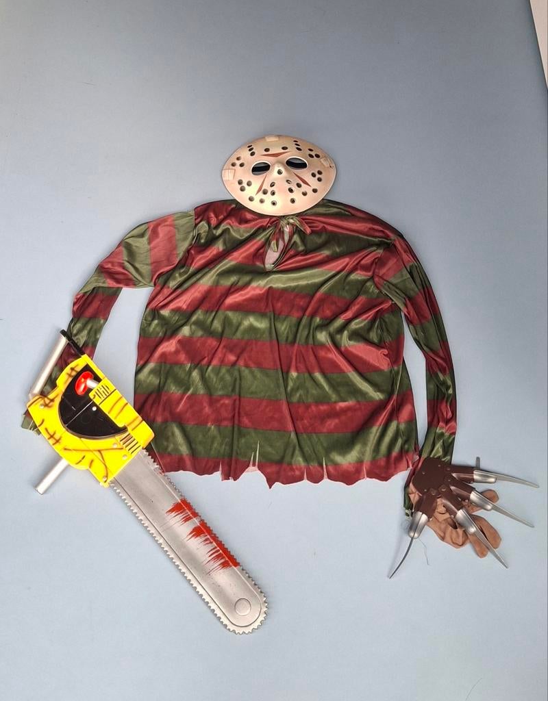 Horror Halloween Kostuum Set: Freddy, Jason & Kettingzaag, Ophalen of Verzenden, Gebruikt, 146 t/m 152, Jongen of Meisje