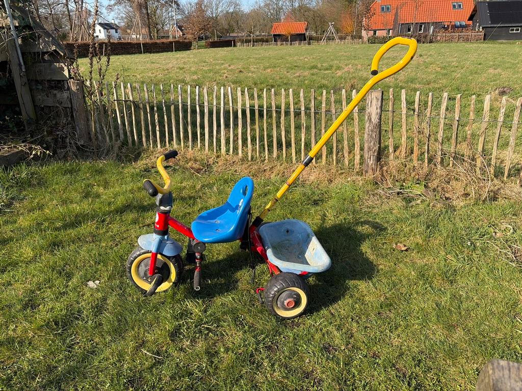Driewieler met duwstang en kiepbak. Gratis., Ophalen, Gebruikt