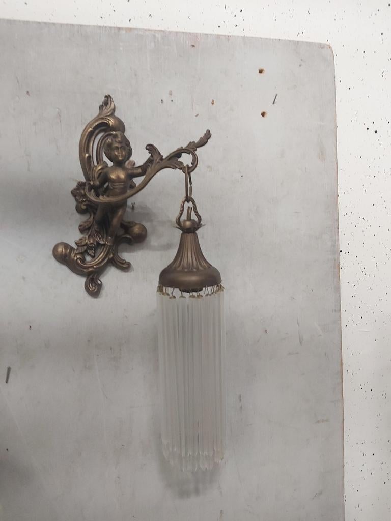 Antieke bronzen kristallen cupido engelen wandlamp, Antiek en Kunst, Ophalen of Verzenden