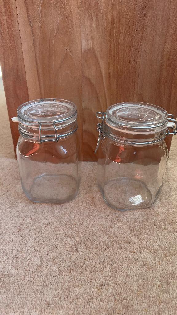 Twee glazen opberg potten 1L, Ophalen, Zo goed als nieuw, Glas, Pot, Bus of Blik