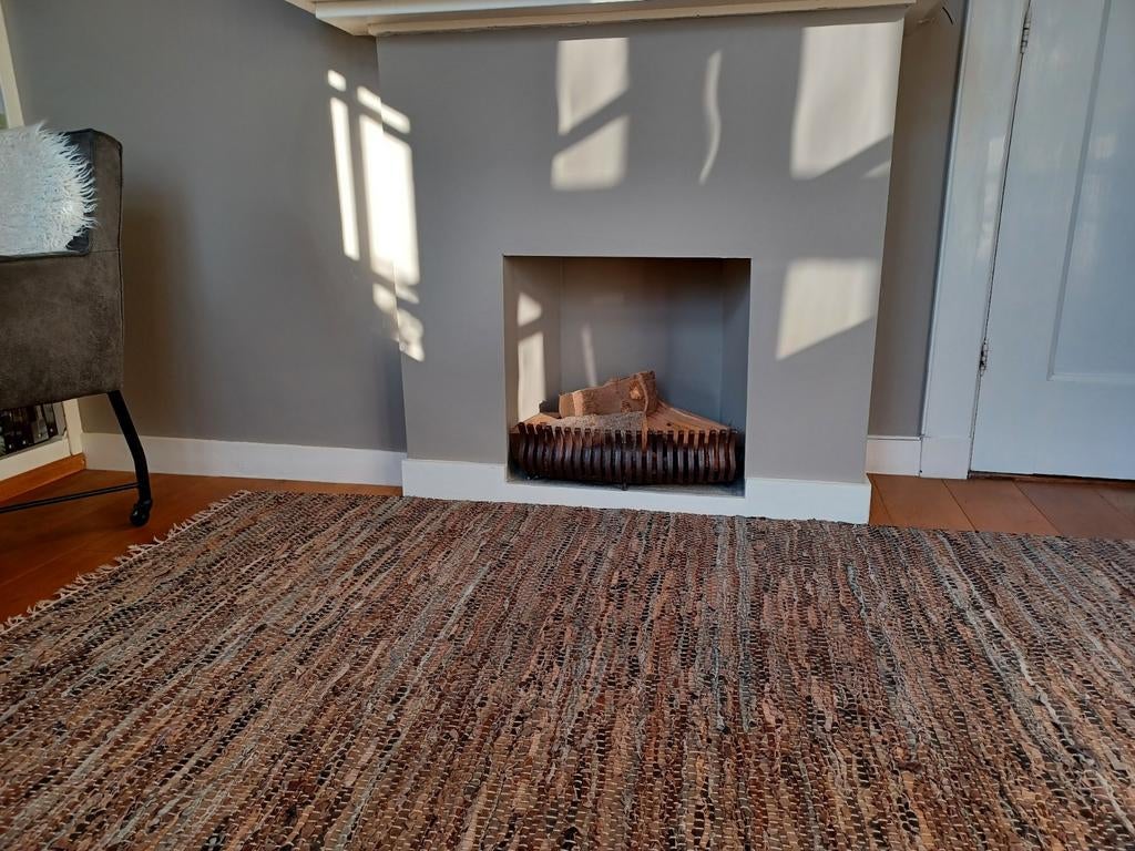 Riviera Maison Leren Vloerkleed - Bruin/Beige, Gebruikt, Landelijk, Bohemian, Natuurlijk, Ophalen of Verzenden, 200 cm of meer