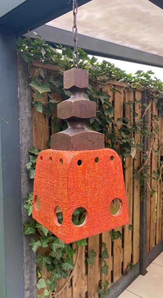 Hang Lamp Oranje - keramiek met hout - Vintage, Huis en Inrichting, Lampen | Vloerlampen, Ophalen, Gebruikt, Vintage, Minder dan 100 cm