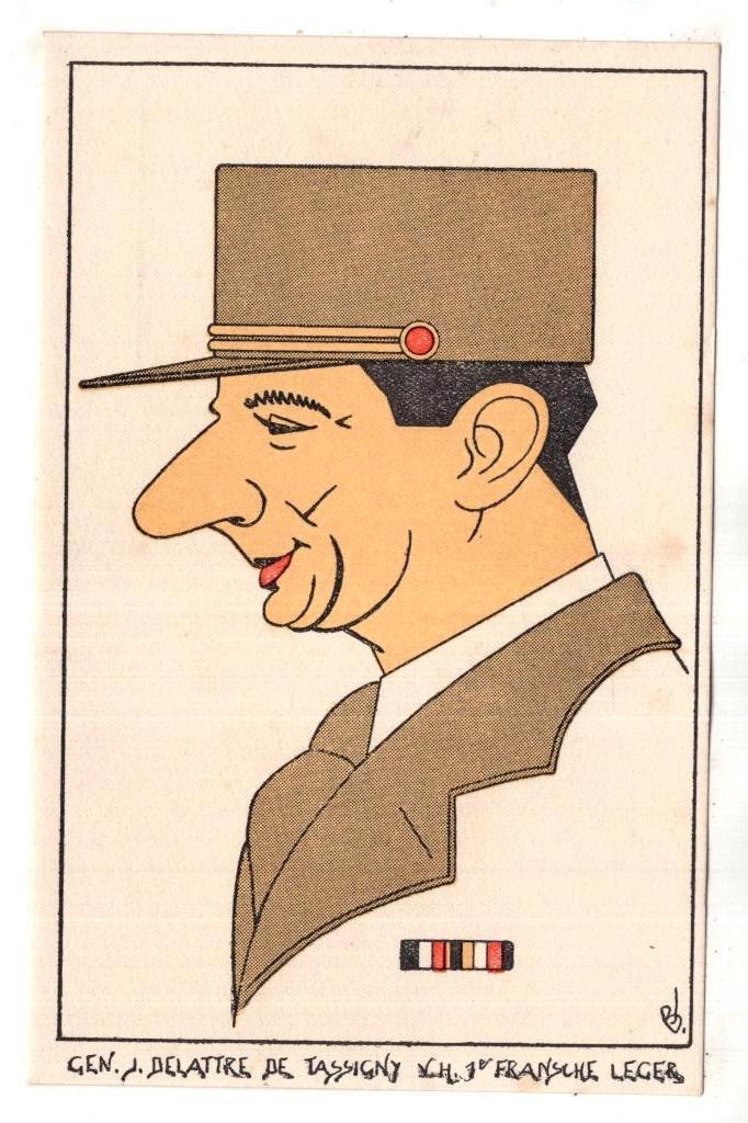 Generaal Delattre de Tassigny Cartoon   2e Wereldoorlog, Verzenden, 1940 tot 1960, Ongelopen, Overige thema's