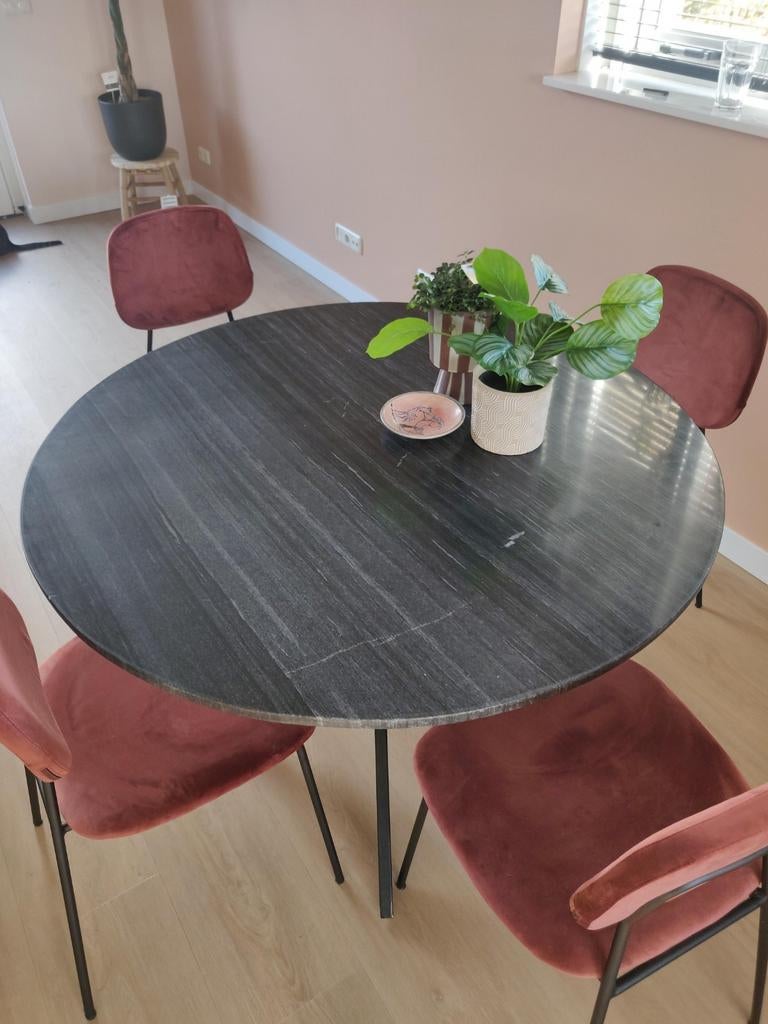 Eettafel (marmerlook) met stalen poot, Huis en Inrichting, Tafels | Eettafels, Ophalen, Gebruikt, 100 tot 150 cm, Rond
