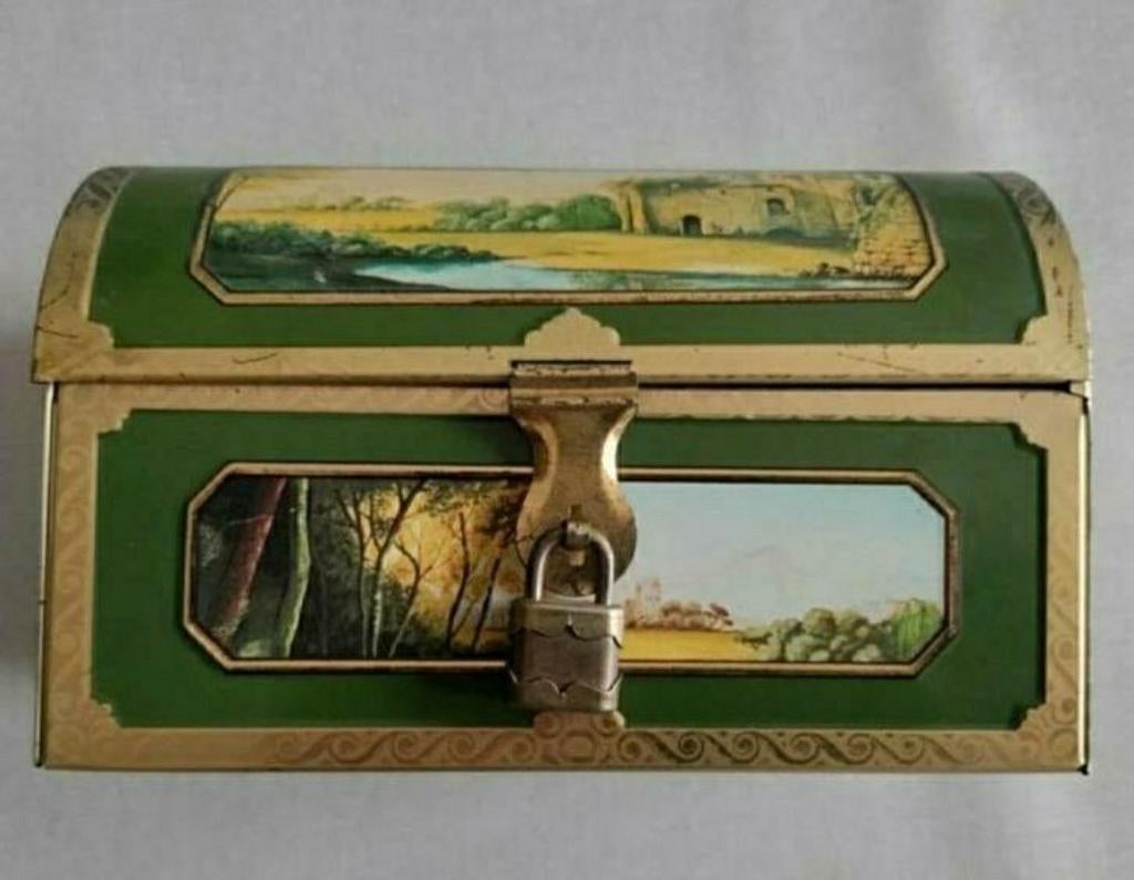 Schatkistje,Blikje,Groen, afbeeldingen,Slotje,Sleutel,Deksel, Ophalen of Verzenden