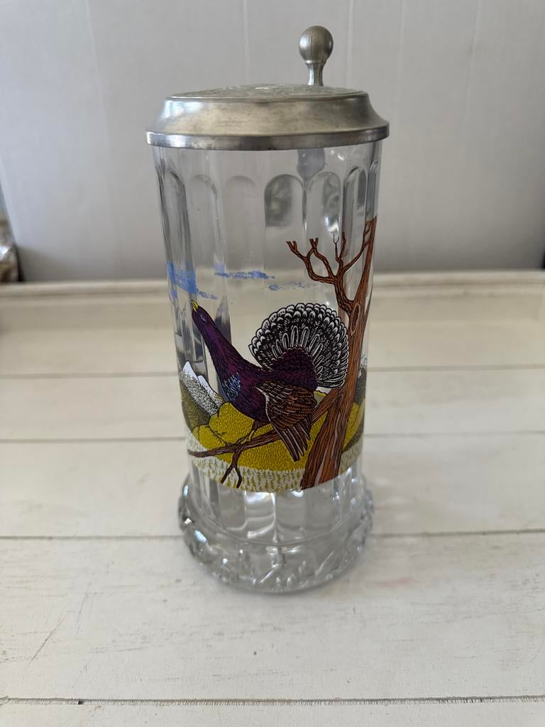 Vintage Glazen Bierpul met Metalen Deksel - Auerhahn Design, Ophalen of Verzenden