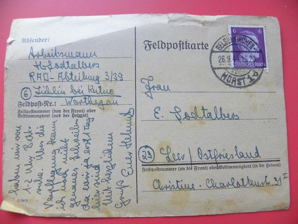 Veldpost briefkaart Duitse rijk 1944, Postzegels en Munten, Brieven en Enveloppen | Buitenland, Ophalen of Verzenden, Briefkaart