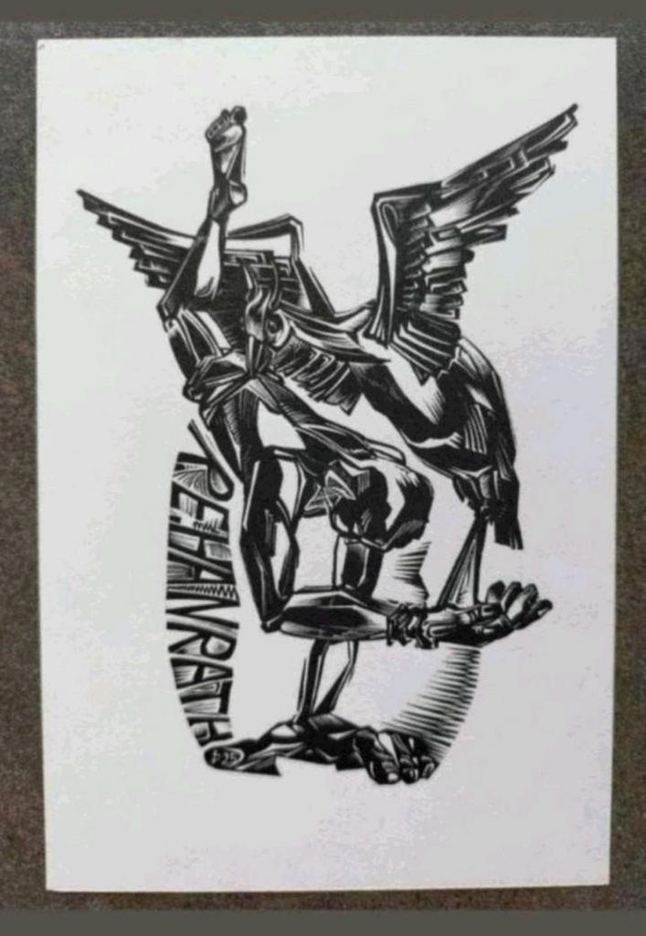 Exlibris R.E. Hanrath (Jan Dik, 1968) (naakt, man, vogel), Antiek en Kunst, Kunst | Etsen en Gravures, Ophalen of Verzenden