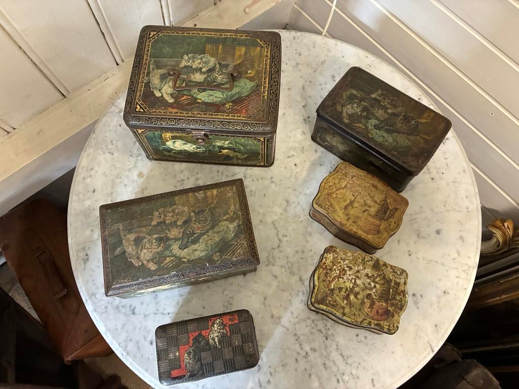 Antieke brocante koektrommels met poezen afbeeldingen, Antiek en Kunst, Curiosa en Brocante, Ophalen of Verzenden