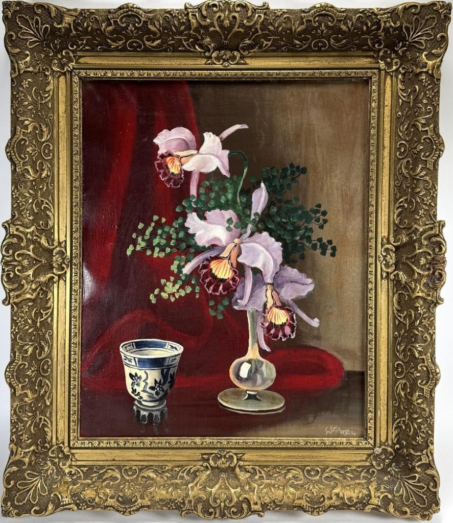 1409. Olieverfschilderij - stilleven orchideeën, 20e eeuw, Antiek en Kunst, Ophalen of Verzenden