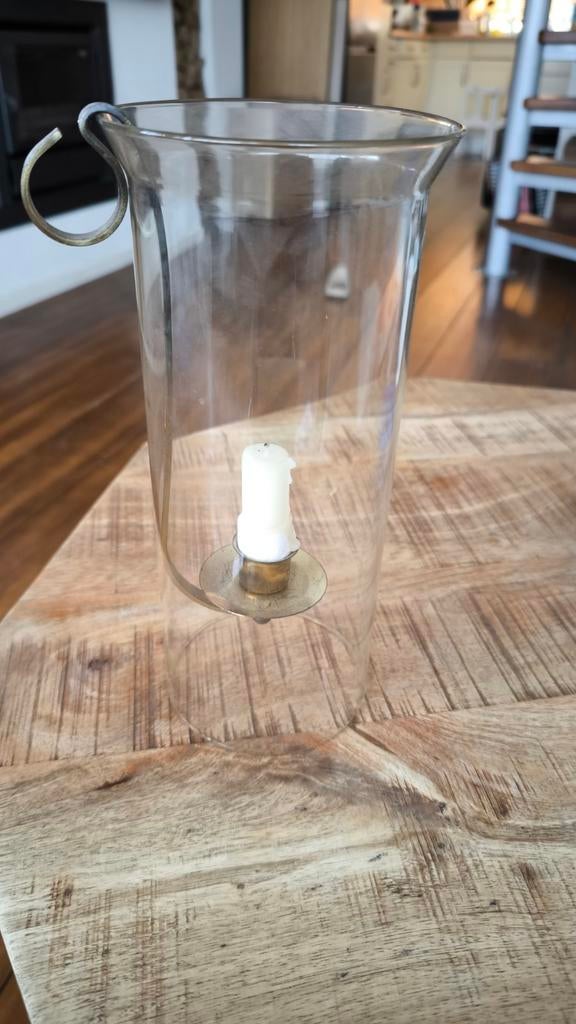 Glazen windlicht hurricane met messing kaarsenhouder, Ophalen of Verzenden