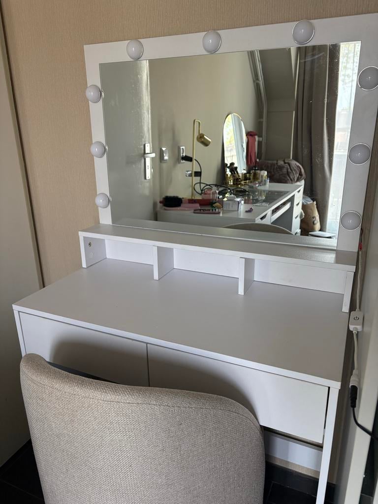Witte kaptafel met spiegel en led lampen / vanity table, Ophalen, Gebruikt, 100 tot 150 cm, 50 tot 100 cm