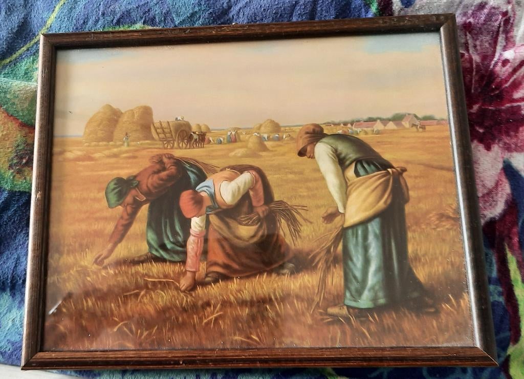 2 ingelijste prenten het ochtendgebed + arenleessters Millet, Natuur, Gebruikt, Ophalen of Verzenden, Voor 1940