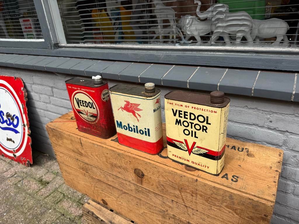 Vintage Olieblikken: Veedol & Mobiloil Collectie, Verzamelen, Ophalen, Gebruikt, ., Verpakking