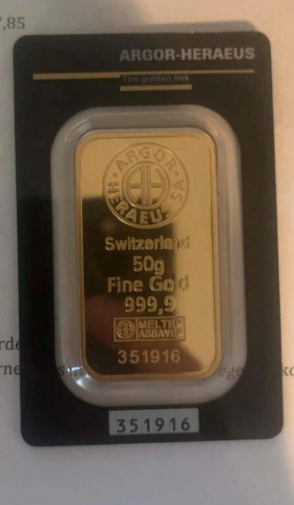 Argor-Heraeus Goudbaar 50 gram, Postzegels en Munten, Edelmetalen en Baren, Goud, Ophalen of Verzenden
