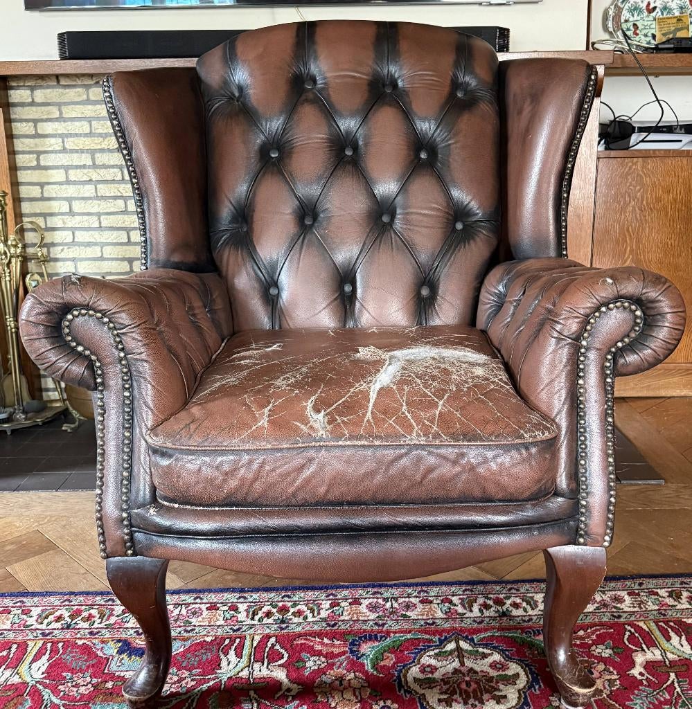 Klassieke Chesterfield Wingback Oorfauteuil – Opknapper, Ophalen, Gebruikt, Chesterfield, 100 tot 125 cm