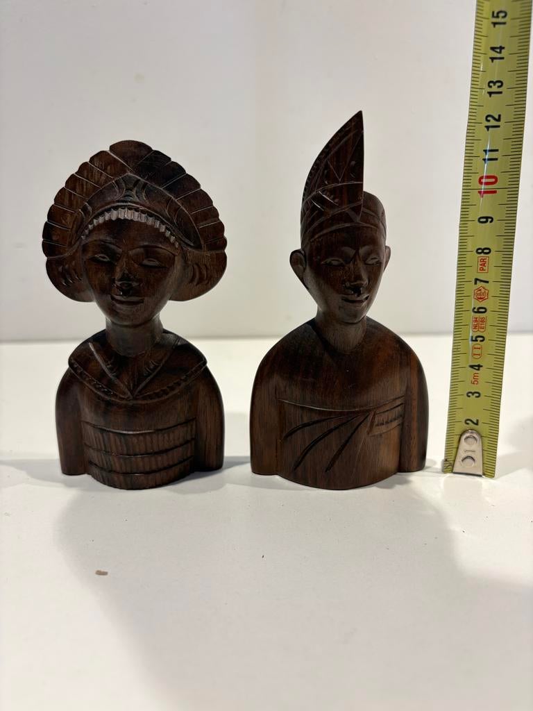 Balinese Art Deco Houten Bustes - Man en Vrouw, Antiek en Kunst, Kunst | Beelden en Houtsnijwerken, Groep mensen, Art deco, Buste