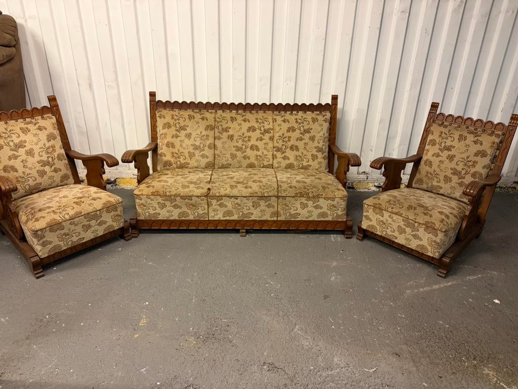Antiek bankstel met fauteuils, Huis en Inrichting, Banken | Bankstellen, Ophalen, Overige materialen, Gebruikt, Tweepersoons