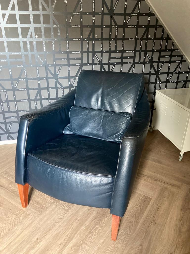 Vintage blauw lederen fauteuil - Verstelbaar voor relax, Huis en Inrichting, Fauteuils, Ophalen, Gebruikt, Leer, 75 tot 100 cm