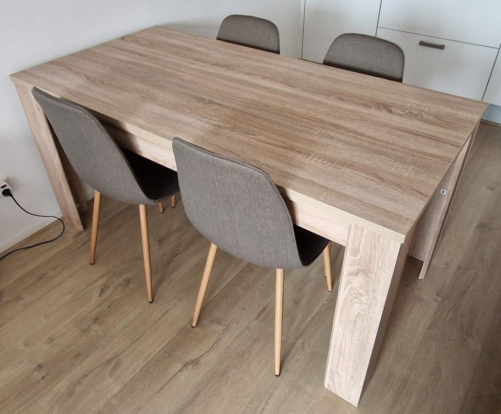 JYSK Eettafel 160x80 + 4 Eetkamerstoelen – Eiken & Olijf, Ophalen, Zo goed als nieuw, Scandinavisch, 4 tot 6 stoelen
