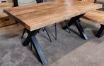 Eettafel mangohout met stalen x poten, Ophalen, Gebruikt, 50 tot 100 cm, 150 tot 200 cm