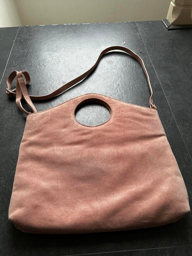 Manfield Suède tas oudroze, Ophalen of Verzenden, Gebruikt, Roze, Schoudertasje