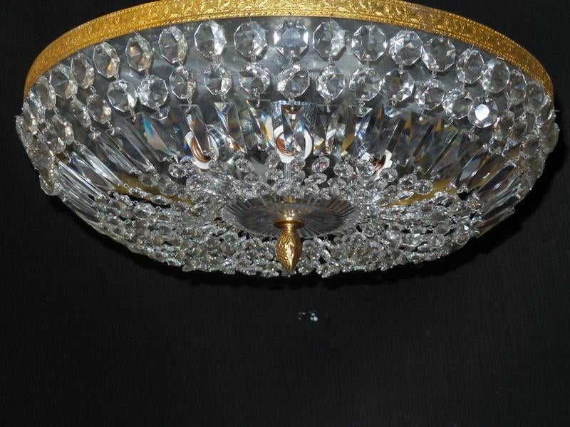 Grote oude kristallen plafonniere heeft verguld messingframe, Ophalen of Verzenden, Gebruikt