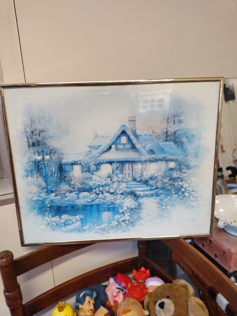 Schilderij met huisje en vijver, Antiek en Kunst, Ophalen of Verzenden