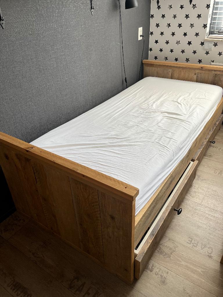 Steigerhout bed 90x200 en buro 120 x 50 x 73 cm, Ophalen, 85 tot 100 cm, Zo goed als nieuw, Lattenbodem