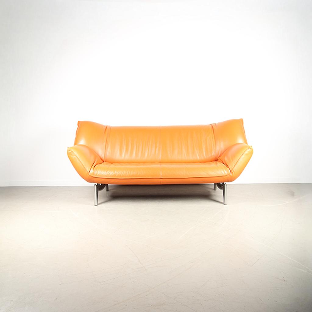 1x Leolux Tango 3-zits/223cm Bank Oranje Leer – Gepolijst, Niet ingevuld, Niet ingevuld, Driepersoons, 75 tot 100 cm