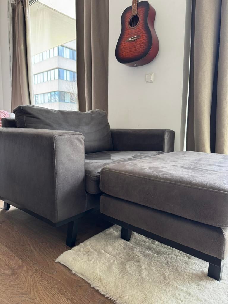 Donkergrijze eco-leren Torino loveseat/stoel met hocker, Ophalen, Zo goed als nieuw, Rechthoekig, Leer