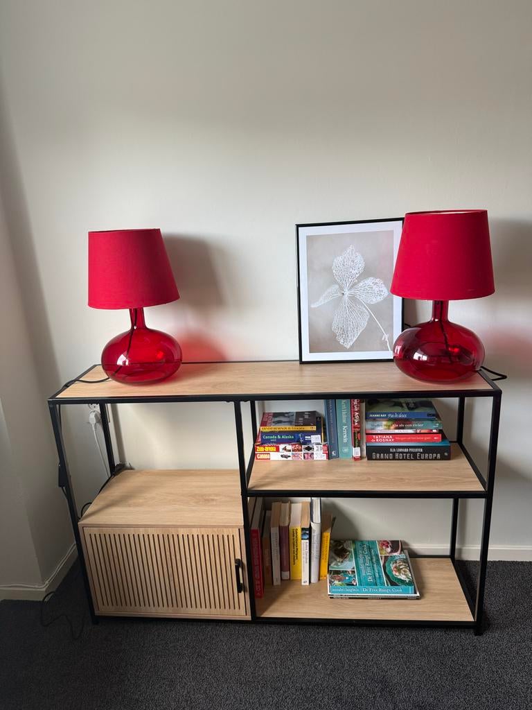 2 Nieuwstaat Rode Schemerlampen - Hoogte 43 cm, Ophalen, Zo goed als nieuw, Glas, Minder dan 50 cm