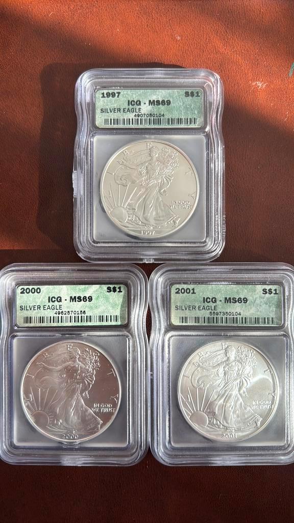 3 zilveren dollars US 1997/2000/2001, Postzegels en Munten, Edelmetalen en Baren, Zilver, Ophalen of Verzenden