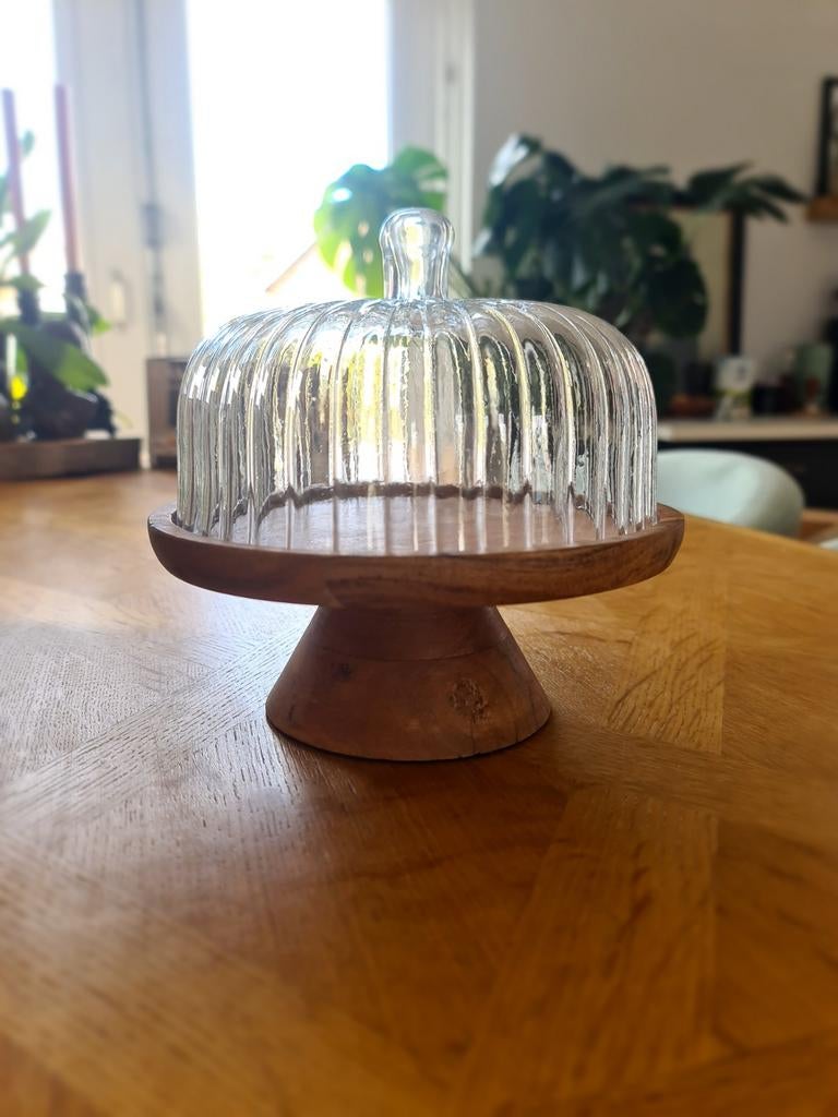 Houten Taartstandaard Taartplateau stolp ribbel glas, Ophalen of Verzenden, Nieuw