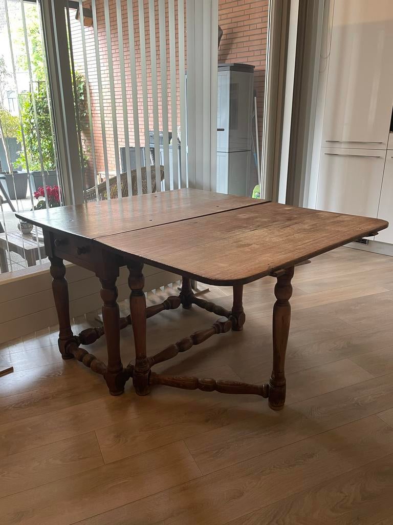 Antieke inklapbare gateleg / hangoor tafel met 2 lades, Ophalen